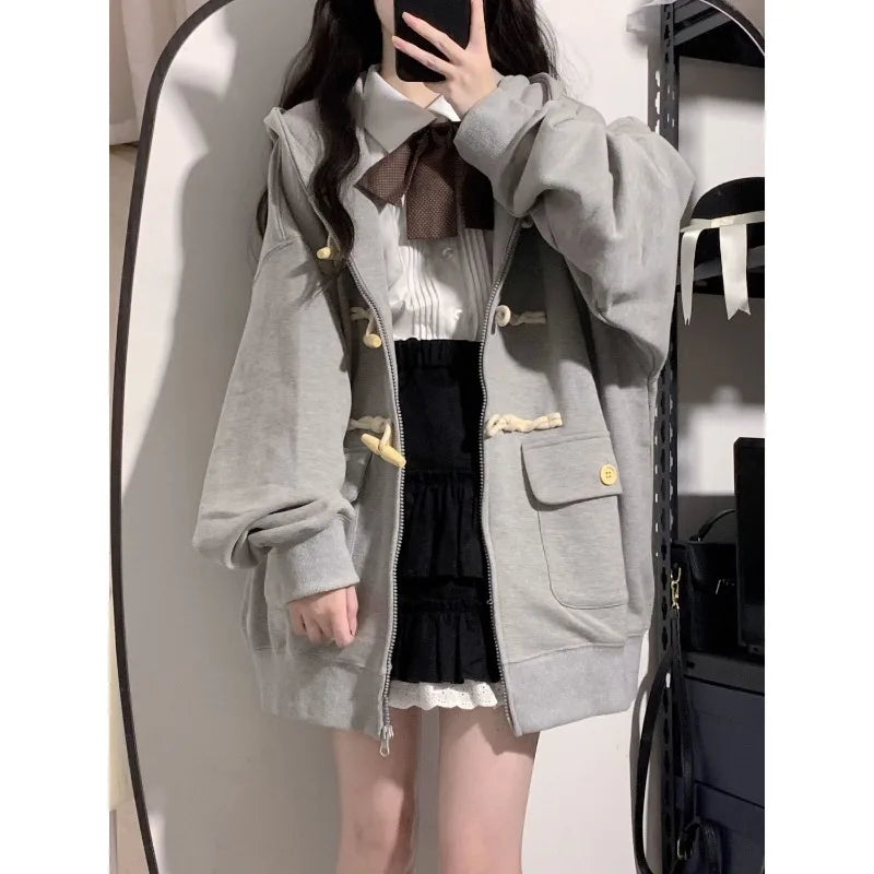 Women's Cardigan Hooded Sweatshirt Cute Loose Coat Zipper Spring Autum Long Sleeves Buttons Pockets Solid Color Tops Jacket
