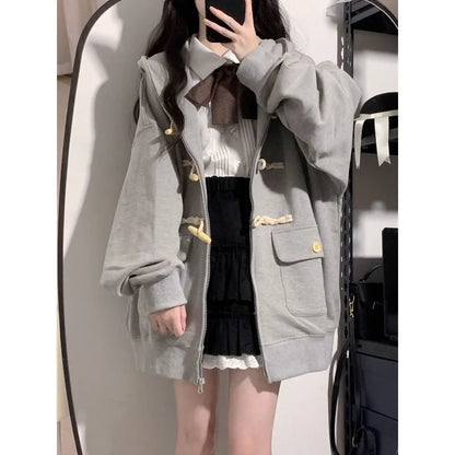 Women's Cardigan Hooded Sweatshirt Cute Loose Coat Zipper Spring Autum Long Sleeves Buttons Pockets Solid Color Tops Jacket