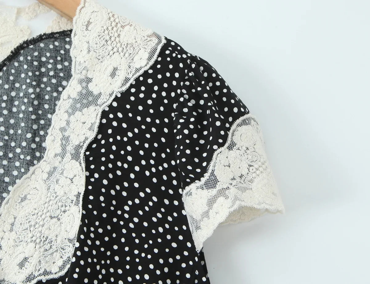 New 2026 Women Short Sleeve V Neck Elegant A-line Midi Summer Polka Dot Dresses Holiday Robe