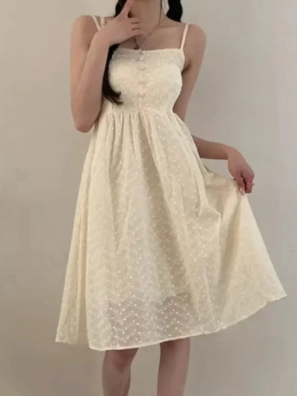 Chic Summer Age-Defying Gentle Style Square Collar Sleeveless Women's Commute Versatile Meat Concealing Dress Cotton High Waist
