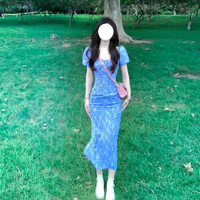 French Temperament Floral Print Y2k Dress Women Bubble Sleeves Split Shirring Collarbone Slim Gentle Summer Slim Sweet Chic Wear