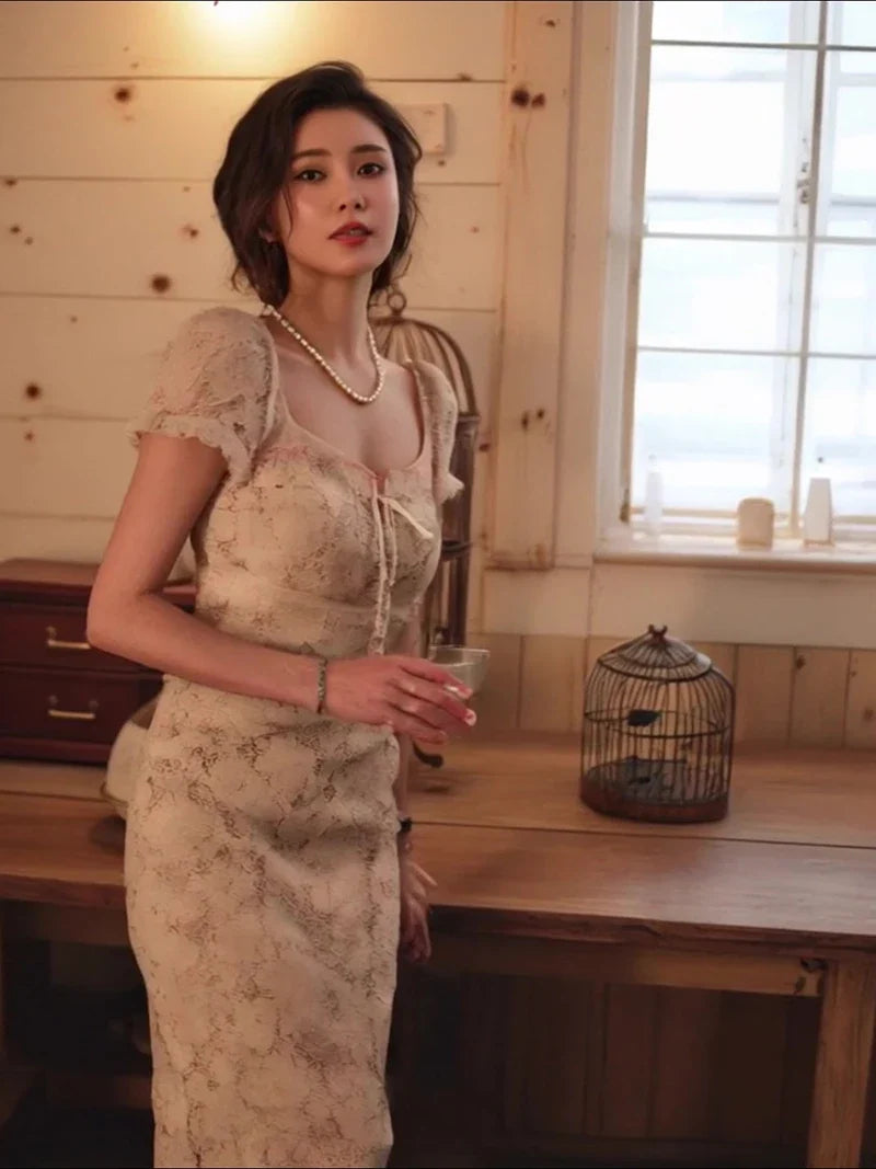 Vintage Midi Dress Women Elegant Party Prom Lace Square Collar Dresses Summer Korean Puff Short Sleeve Bodycon Design Vestidos