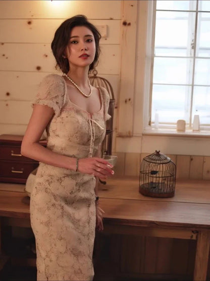 Vintage Midi Dress Women Elegant Party Prom Lace Square Collar Dresses Summer Korean Puff Short Sleeve Bodycon Design Vestidos