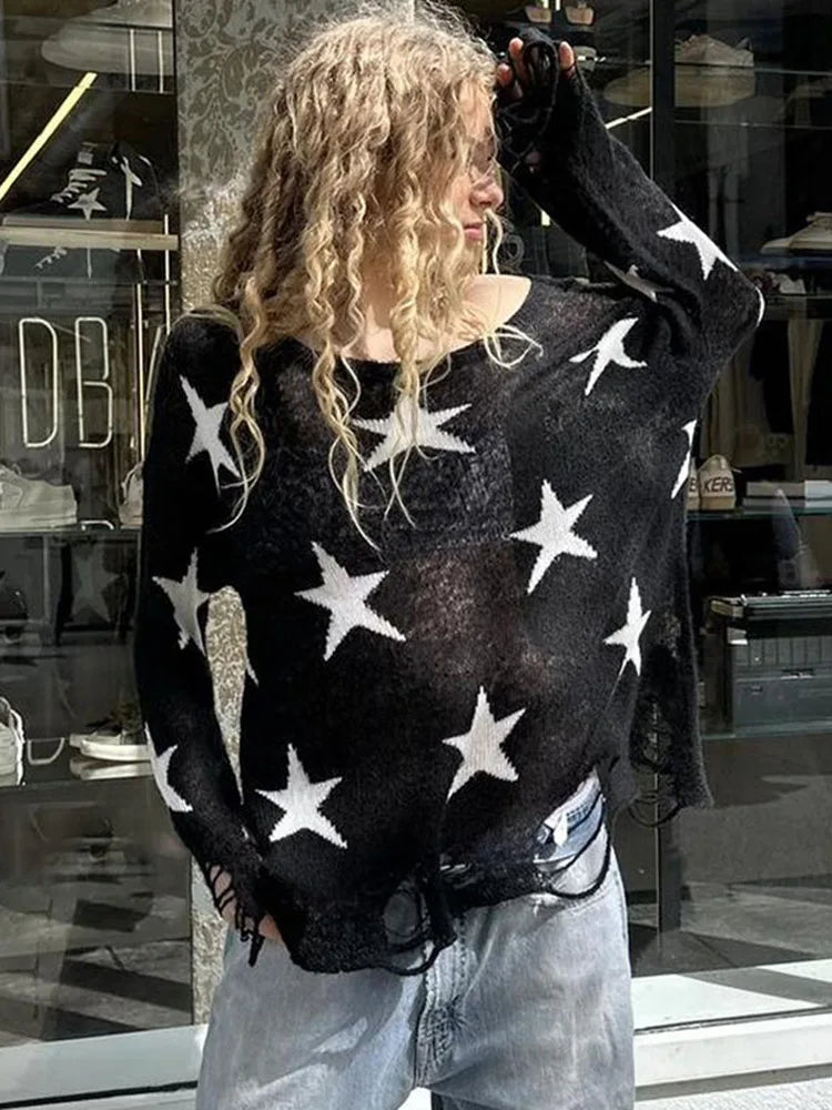 Street Stars Printed irregular Wide Collar Sweater Hot Girl Loose Thin Ripped Knit Sexy See Through Pullovers Long Sleeve