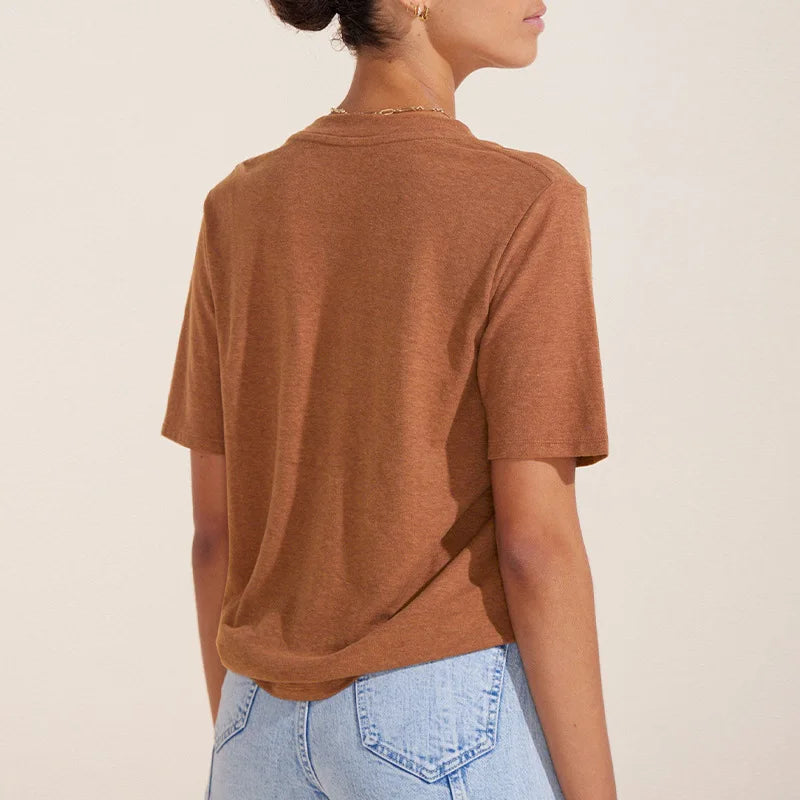 New Fashion Knitted Linen Texture Bamboo Joint Cotton Short-sleeved Loose for Women Deep V-neck Design T-shirt Top 2026 Summer
