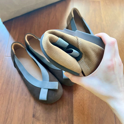 Pea Shoes Genuine Leather Soft Sole Brown Retro Wide Toe Slip-On Mommy Flats One Pedal Slip-on Flat New Women's Shoes