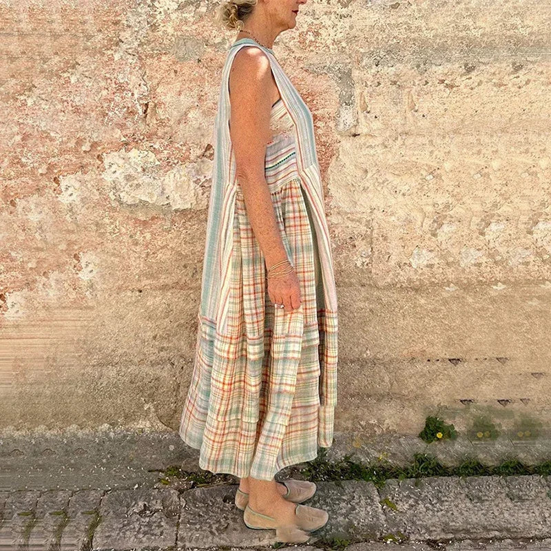 Vintage Striped Sleeveless Vacation A line Dresses Women's Elegant Printing Loose Fashionable Pullover Beach Dress For Women New