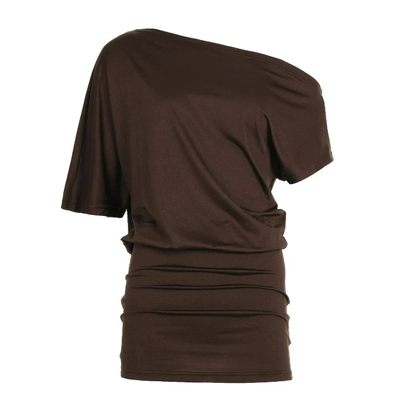Fashion Mature Elegant Summer Off-the-shoulder Bat-shaped Sleeve Solid Color Loose Slimming Irregular Short Dress for Women