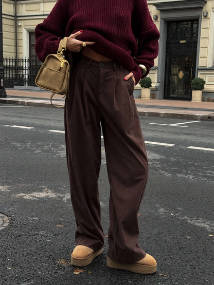 Women's New Wide Leg Pants 100% Cotton Loose Fit Drapey Trendy Waist Autumn Winter Fashion Trousers