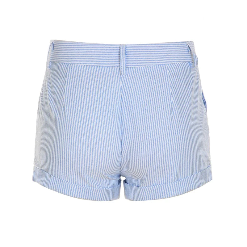Roll-up Hem Striped Shorts Casual Basic Button-up High Waist Hot Pants Chic Elegant Slim-fitting Short Pants Streetwear