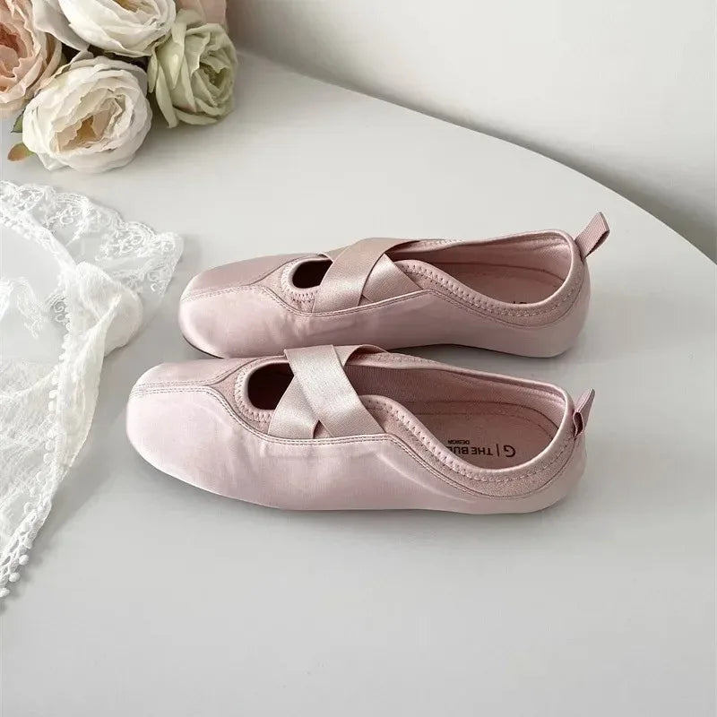 New Women's Ballet Slippers Pink Soft Sole Shallow Heel Round Head Fiberglass Fabric Retro Style Low Heel