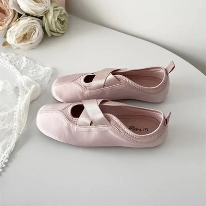 New Women's Ballet Slippers Pink Soft Sole Shallow Heel Round Head Fiberglass Fabric Retro Style Low Heel