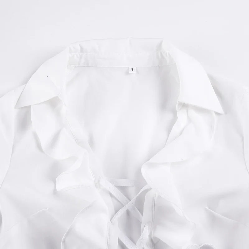 Ruffles Bandage Blouses Sexy Long Sleeve Slim Fit Casual Women Shirts Elegant Designed All-matched White Autumn Blouses
