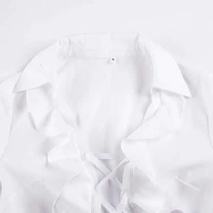 Ruffles Bandage Blouses Sexy Long Sleeve Slim Fit Casual Women Shirts Elegant Designed All-matched White Autumn Blouses