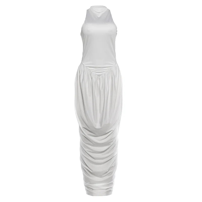 Fashionable White Tank Dress Women Summer Elegant O Neck Sleeveless Patchwork Pleated Long Dress Female Summer Outfit
