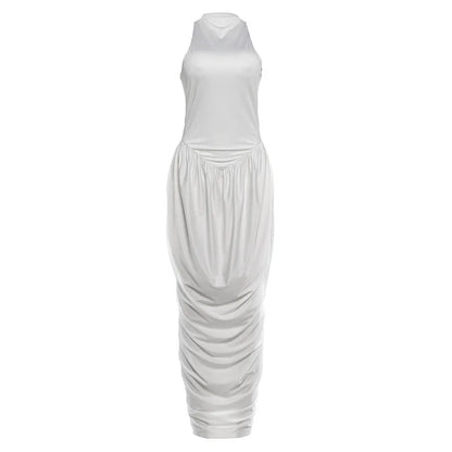 Fashionable White Tank Dress Women Summer Elegant O Neck Sleeveless Patchwork Pleated Long Dress Female Summer Outfit