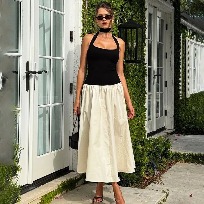 Sexy Contrast Halter Neck Dress Elegant Backless Ruched Patchwork Slim Maxi Dress Fashion Luxury Party Evening Dress