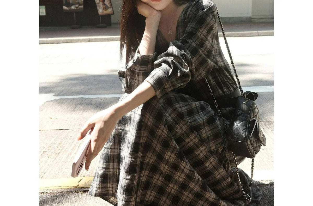 Vintage Ruched Design Plaid Loose Dress for Women New Autumn Layered Base Dress