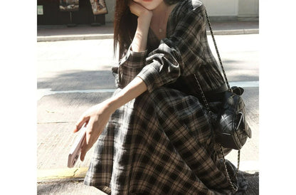 Vintage Ruched Design Plaid Loose Dress for Women New Autumn Layered Base Dress