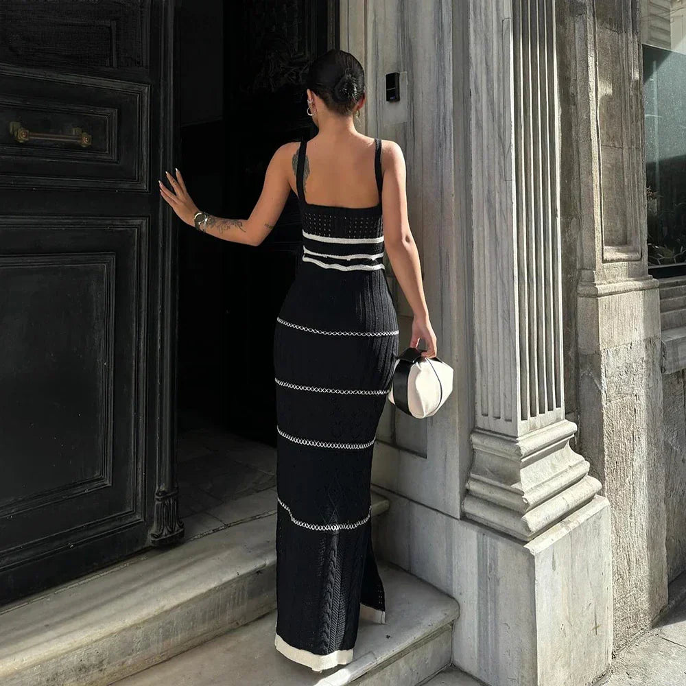 Striped Mixed Knit Scoop Neck Side Slit Maxi Dress