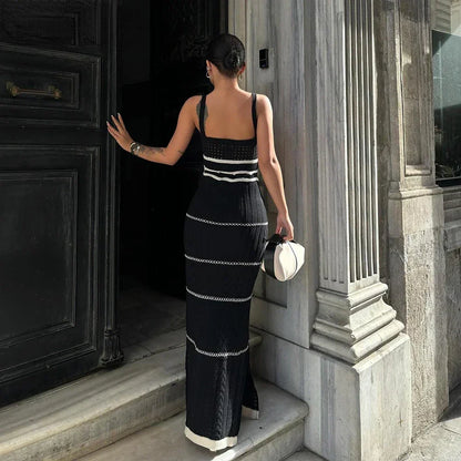 Striped Mixed Knit Scoop Neck Side Slit Maxi Dress