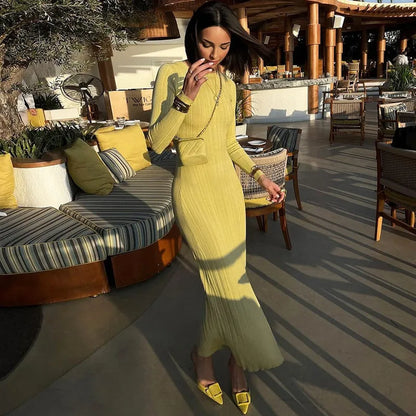 Rib Knit Crew Neck Long Sleeve Bodycon Maxi Dress
