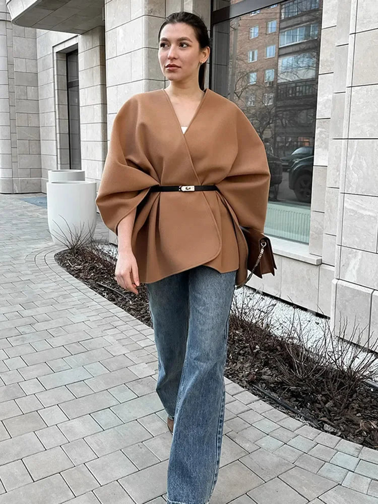 Elegant Women's Woolen Cloak Coats V-neck Lace-up Long Overcoats Loose Belt Autumn Jacket 2025 Buttonless Streetwear Outerwears