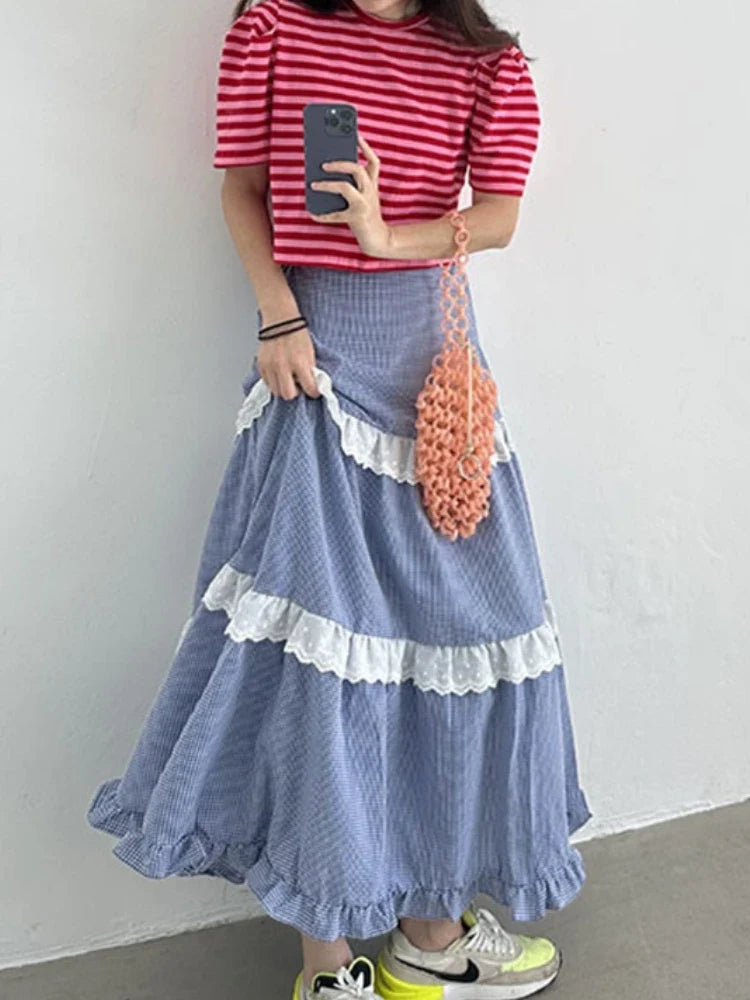 Ruffle Midi Long Skirts Womens Maxi Skirt Goth Lolita Summer Elastic Waist High Low Splice Lace Plaid Skirt rok