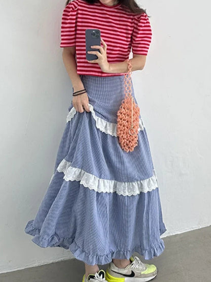 Ruffle Midi Long Skirts Womens Maxi Skirt Goth Lolita Summer Elastic Waist High Low Splice Lace Plaid Skirt rok