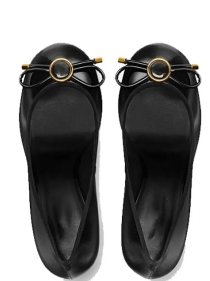 Spring/Summer New Women's Stiletto Single Shoes Round Head Bow Black Red Party Wedding Women's 34-43 Large Sandals