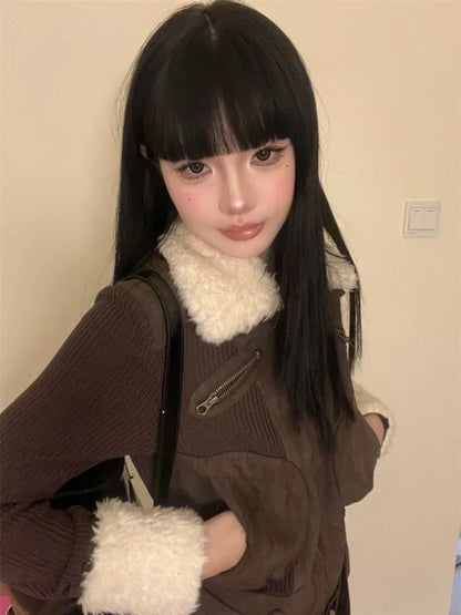 Japanese Y2k Fur Coat Women American Retro Brown Knitted Jacket Vintage Korean Style Zipper Winter 2000s Aesthetics