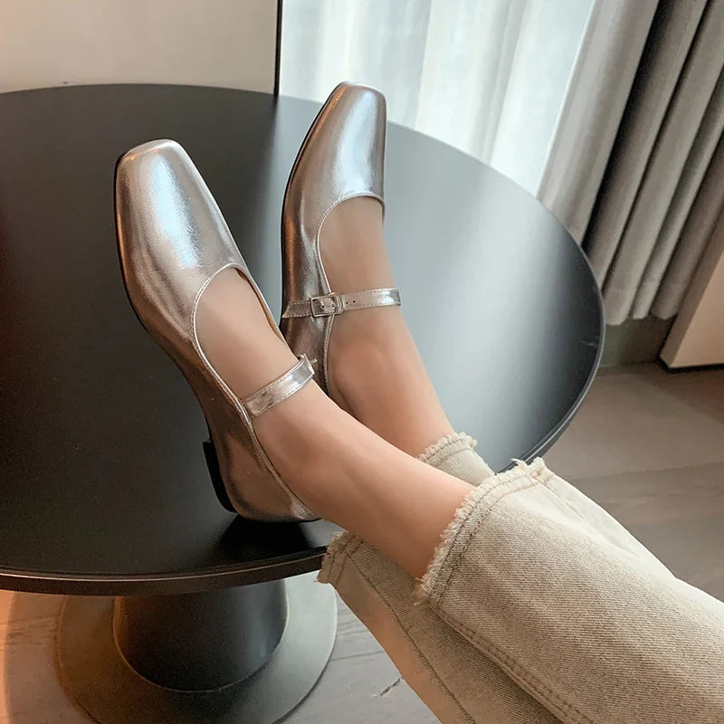Casual Women Flats Spring Summer Office Ladies Silver Metal Color Mary Janes Shoes Woman Retro Style Concise Comfortable Flats