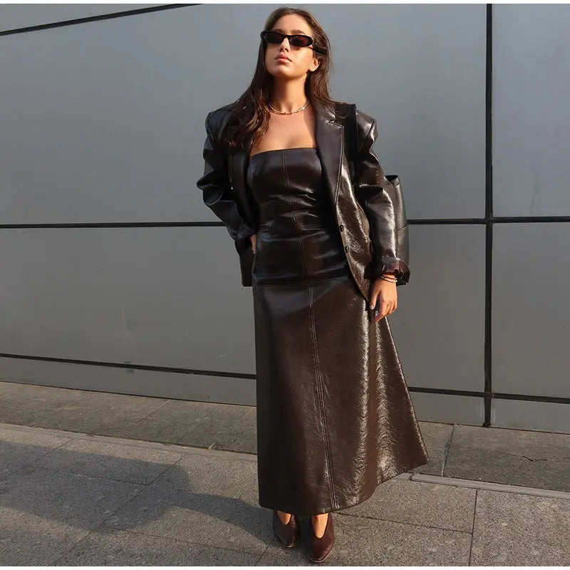 PU Leather Tube Dresses Suit Coat Women's Set Vintage Solid Slim Fit Long Dress Lapel Jackets Sets Female Chic Street Outfits