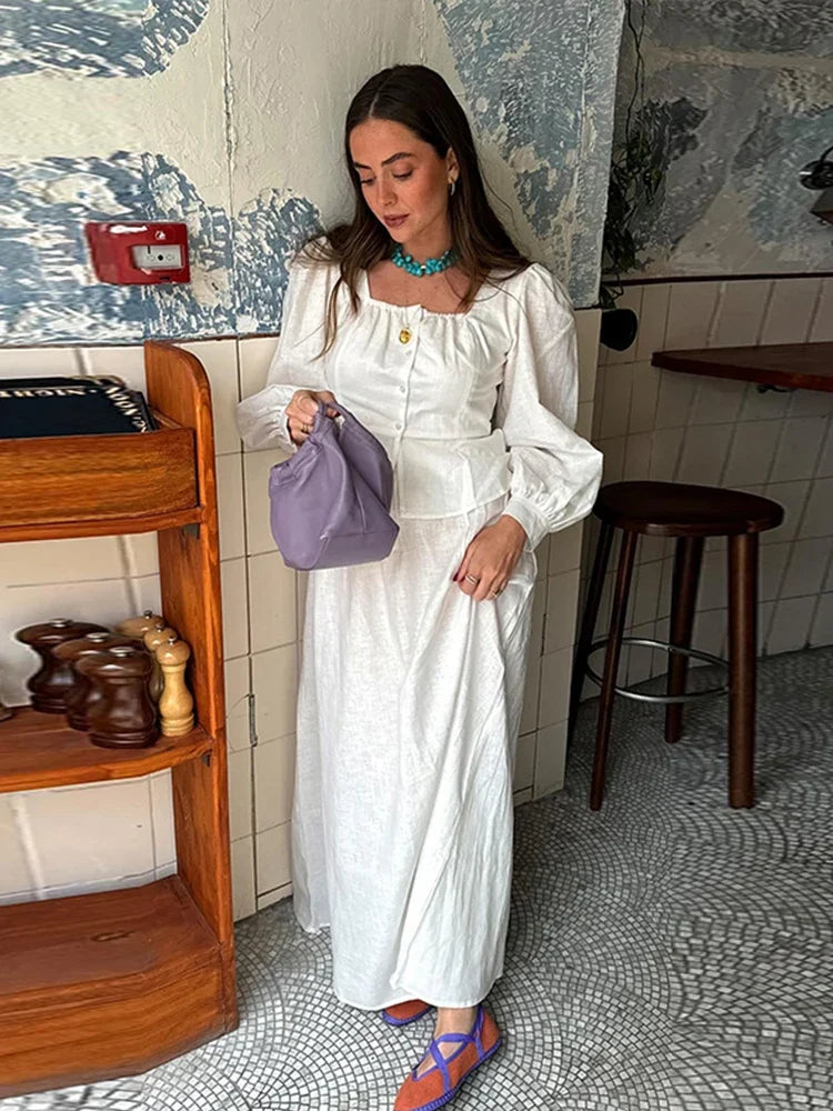 Skirts Set for Women 2 Pieces Lantern Sleeve Blouse Skirt Suit White Square Collar Button Shirts Long Skirts 2024 Summer Outfit