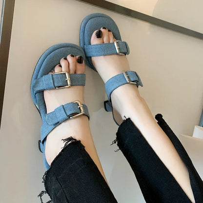 New Blue Denim Jeans Slippers Women Outdoor Mules Mid Heels Fashion Metal Buckle Designer Sandals Square Toe Ladies Slides
