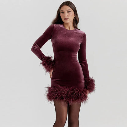 Sequin Round Neck Long Sleeve Feather Trim Bodycon Mini Dress