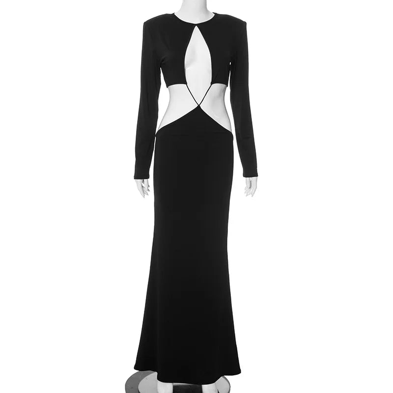 Long Sleeve Keyhole Criss Cross Waist Cutout Bodycon Maxi Dress