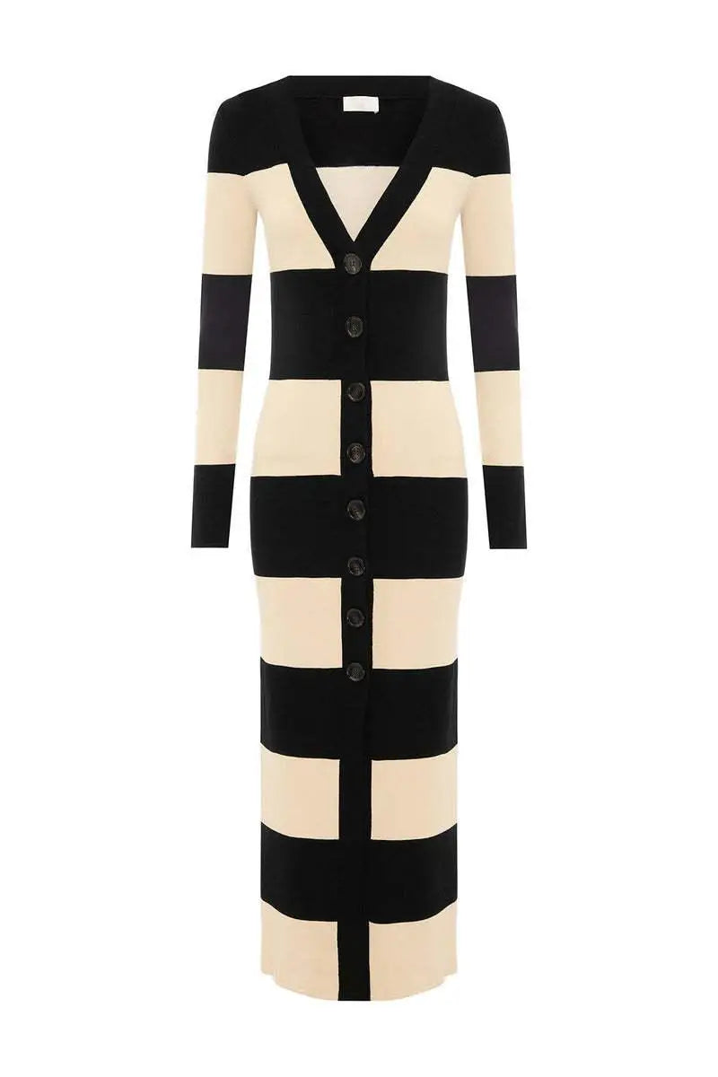 Elegant Striped Knit Cardigan Dress Women Outfit Long Sleeve Button Jacket Tube Sleeveless Dresses Spring Autumn Lady Set