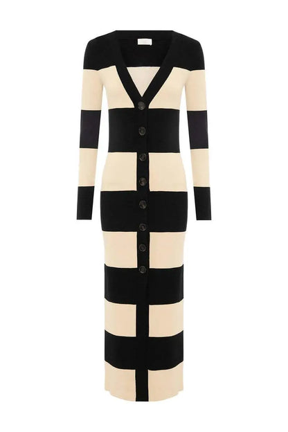 Elegant Striped Knit Cardigan Dress Women Outfit Long Sleeve Button Jacket Tube Sleeveless Dresses Spring Autumn Lady Set