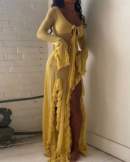 Tie Front Keyhole Long Sleeve Ruffle Cuff High Split Maxi Dress