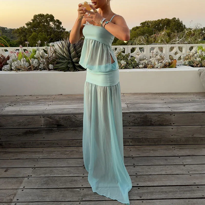 Fashion Hight Waist Vacation Long Dress Elegant Off Shoulder Suspenders Dress Women's Sexy Sleeveless Mesh Patchwork Solid Gowns