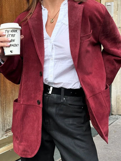 Wine Red Lapel Blazer Women Single Breasted Patchwork Long Sleeve Jackets New Elegant Chic Street Casual Commute Jacket 2025