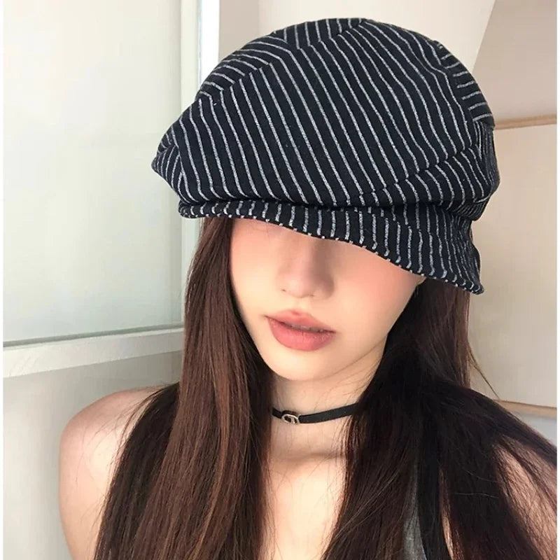 Japanese Classic Color Matching Striped Newsboy Hats Women Summer Breathable Versatile Show Face Small Retro Literary Berets