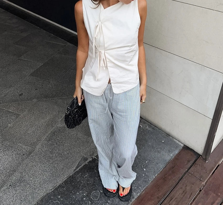 Summer Casual White Lace Up Vest Wearing Pure Cotton Cardigan Top Women's Clothing