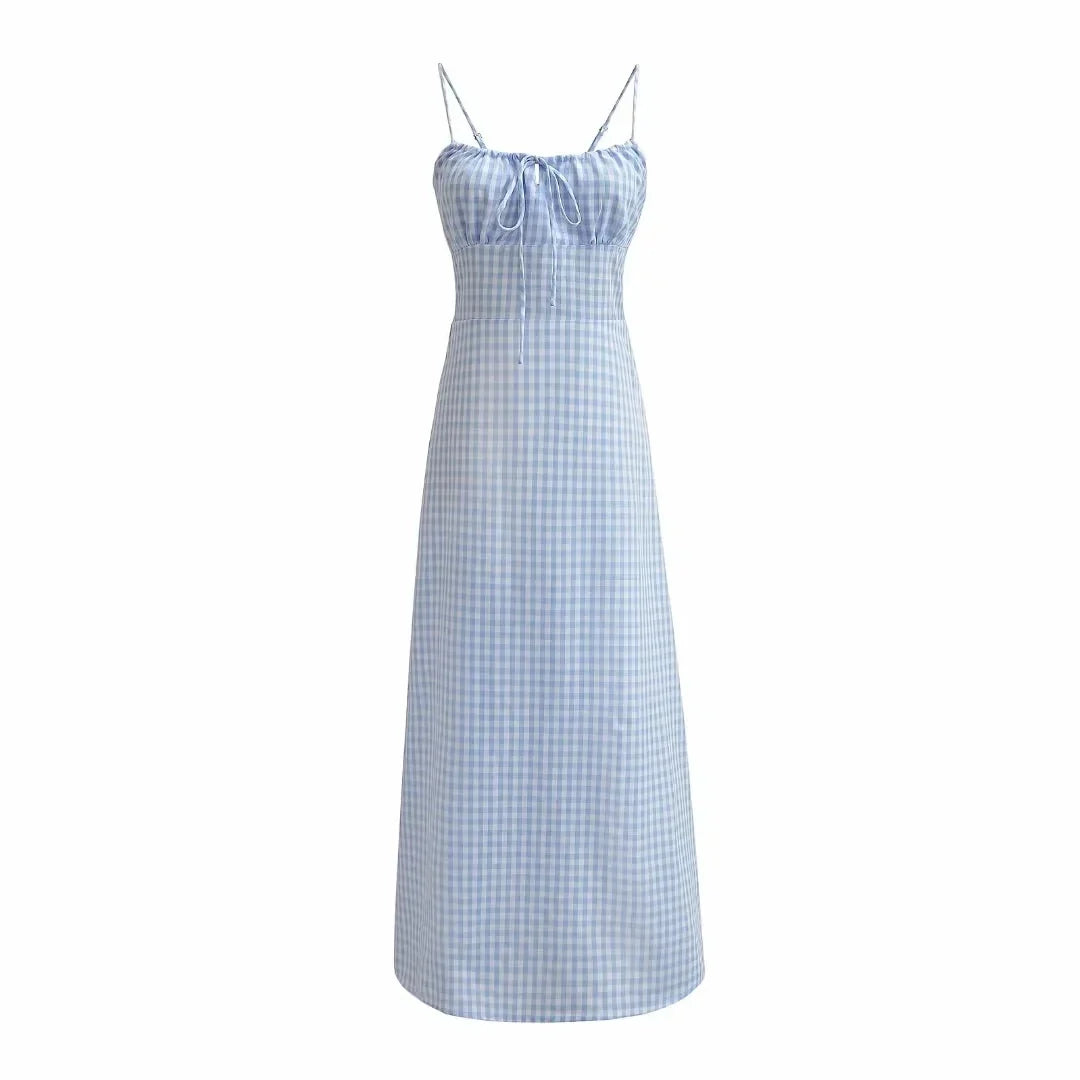Spaghetti Strap Tie Up Plaid Dress Women Summer Beach Midi Sundress Strapless Retro Pink Short Vestidos Female Dress
