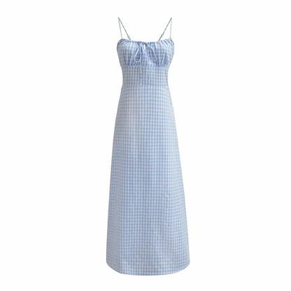 Spaghetti Strap Tie Up Plaid Dress Women Summer Beach Midi Sundress Strapless Retro Pink Short Vestidos Female Dress