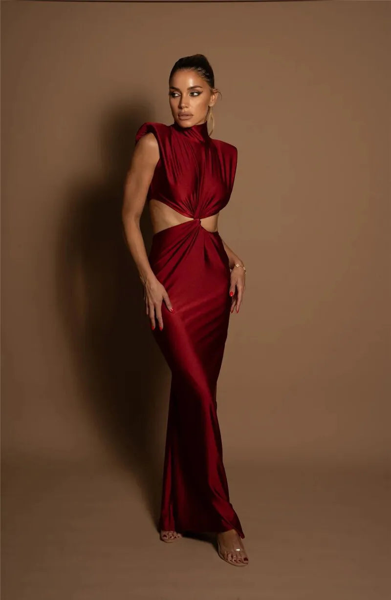Mock Neck Structured Shoulder Waist Cutout Satin Maxi Gown