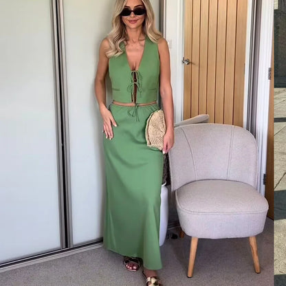 New Chic Tank Top And Long Skirts Set Summer Vest And Fashion Skirt Two Piece Set Green Vacation Casual Women Outfits