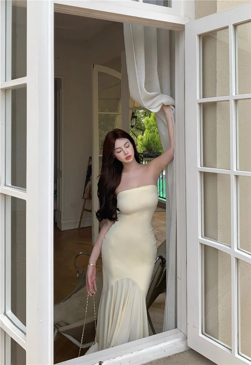 Summer Aesthetic Midi Dress Women Strapless Fishbone Bandage Irregular Dress Party Club Sexy Elegant Dresses Backless Solid