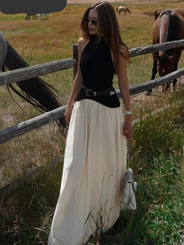 Halter Neck Belted A-Line Maxi Dress
